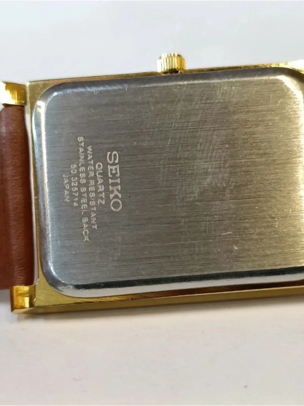 Seiko Gold-Tone Rectangular Watch with Brown Leather Strap and White Dial